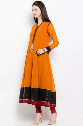 Mustard embroidered georgette a line kurta churidar set