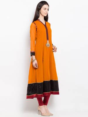 Mustard embroidered georgette a line kurta churidar set 3