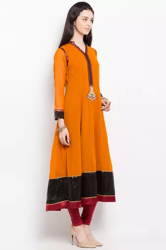 Mustard embroidered georgette a line kurta churidar set
