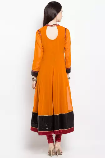 Mustard embroidered georgette a line kurta churidar set