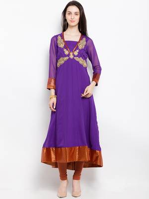 Purple embroidered georgette a line kurta churidar set 1