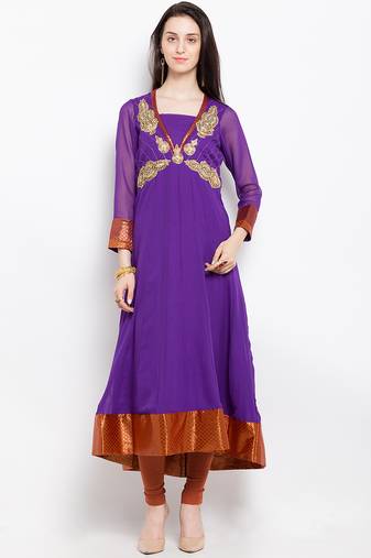 Purple embroidered georgette a line kurta churidar set