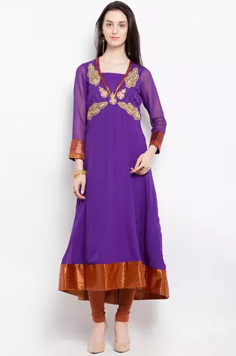 Purple embroidered georgette a line kurta churidar set