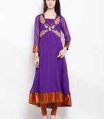 Purple embroidered georgette a line kurta churidar set