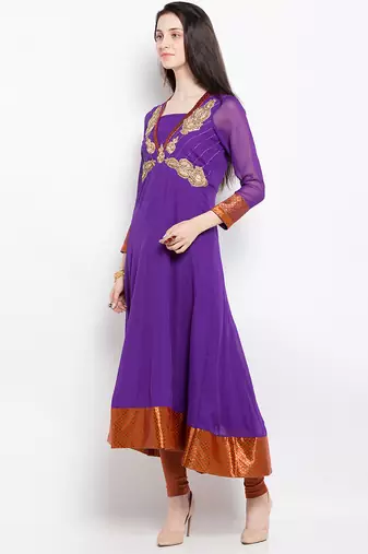 Purple embroidered georgette a line kurta churidar set