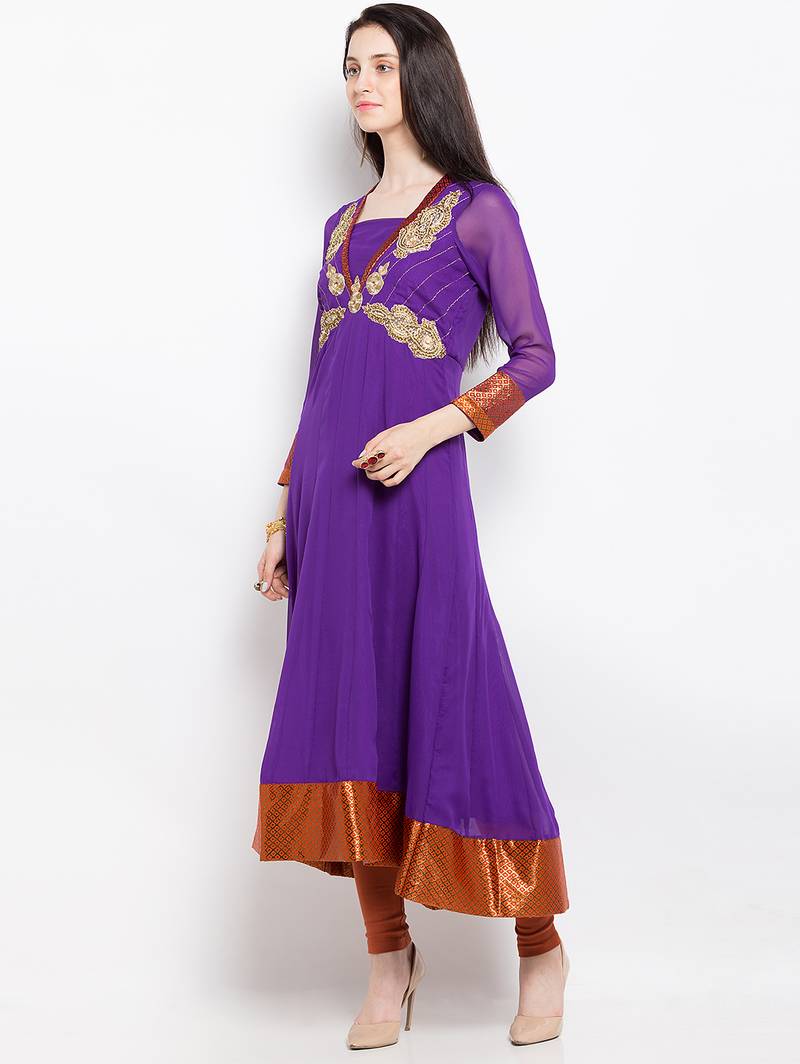 Purple embroidered georgette a line kurta churidar set
