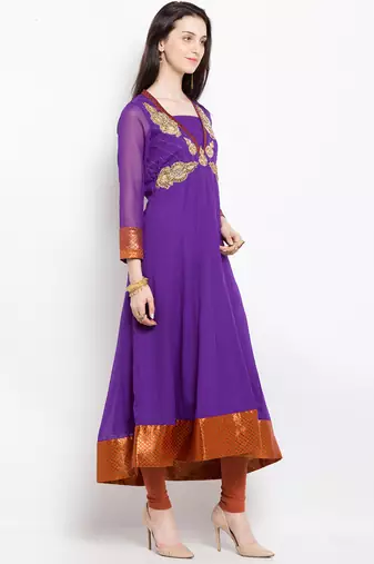 Purple embroidered georgette a line kurta churidar set