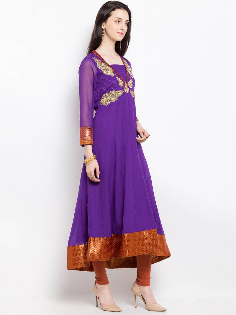 Purple embroidered georgette a line kurta churidar set