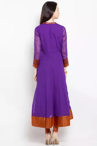 Purple embroidered georgette a line kurta churidar set