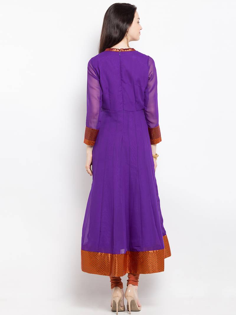 Purple embroidered georgette a line kurta churidar set