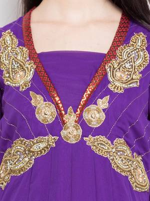 Purple embroidered georgette a line kurta churidar set 5