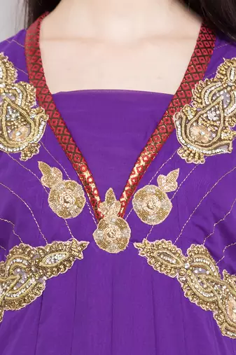 Purple embroidered georgette a line kurta churidar set