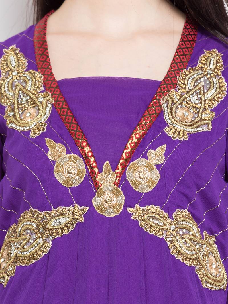 Purple embroidered georgette a line kurta churidar set