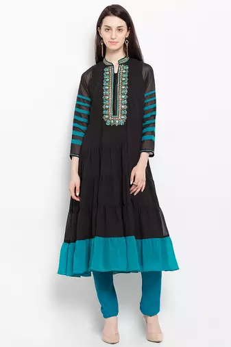 Black embroidered georgette a line kurta churidar set