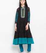 Black embroidered georgette a line kurta churidar set