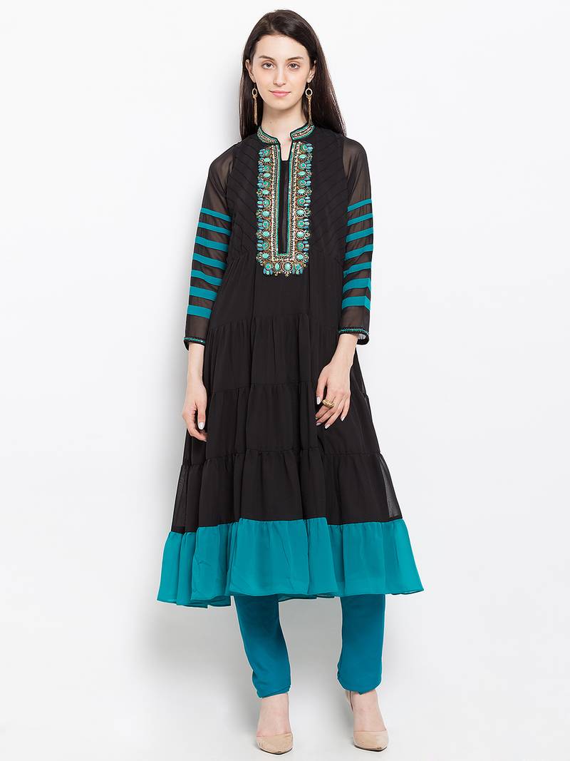 Black embroidered georgette a line kurta churidar set