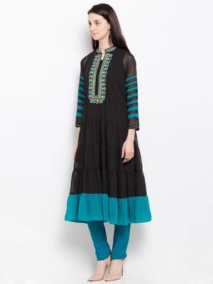 Black embroidered georgette a line kurta churidar set 2
