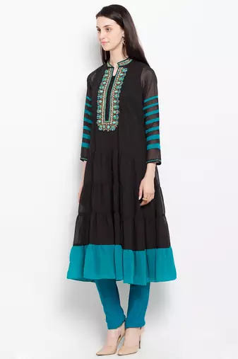Black embroidered georgette a line kurta churidar set