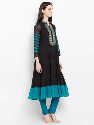 Black embroidered georgette a line kurta churidar set 3