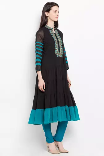 Black embroidered georgette a line kurta churidar set