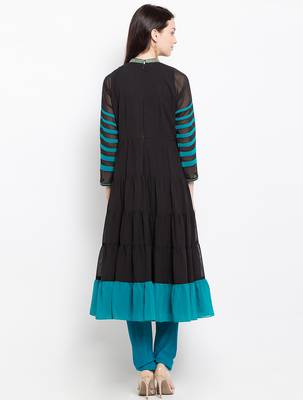 Black embroidered georgette a line kurta churidar set 4