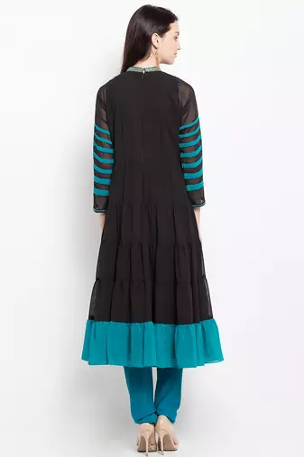 Black embroidered georgette a line kurta churidar set