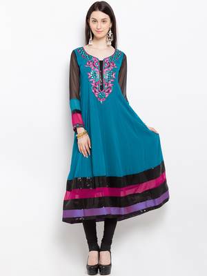 Blue embroidered georgette a line kurta churidar set 1
