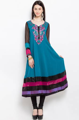Blue embroidered georgette a line kurta churidar set