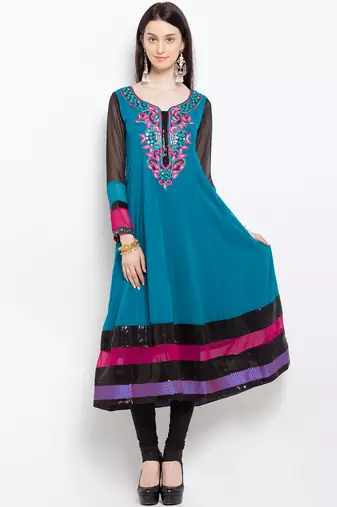 Blue embroidered georgette a line kurta churidar set