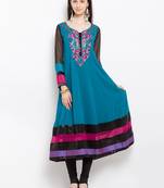 Blue embroidered georgette a line kurta churidar set