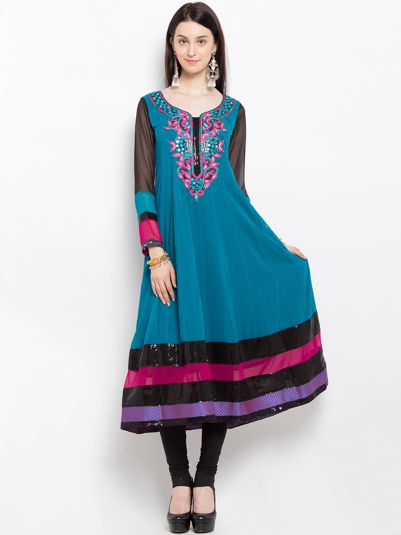 Blue embroidered georgette a line kurta churidar set