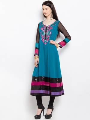 Blue embroidered georgette a line kurta churidar set 2