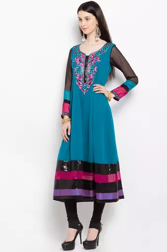 Blue embroidered georgette a line kurta churidar set