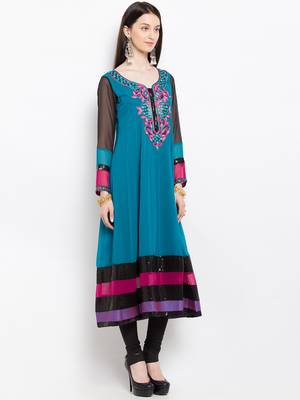 Blue embroidered georgette a line kurta churidar set 3