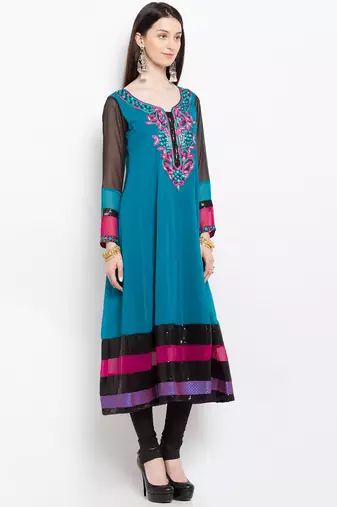 Blue embroidered georgette a line kurta churidar set
