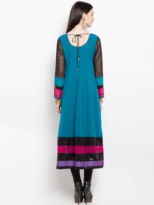 Blue embroidered georgette a line kurta churidar set 4