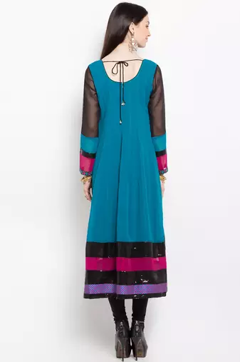 Blue embroidered georgette a line kurta churidar set