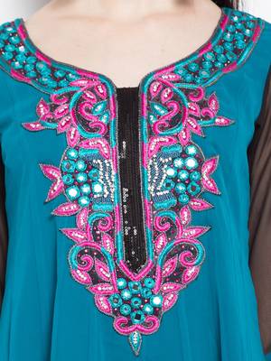 Blue embroidered georgette a line kurta churidar set 5