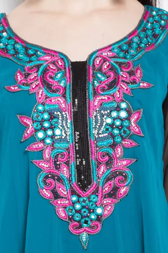 Blue embroidered georgette a line kurta churidar set