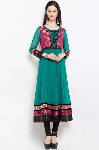 Green embroidered georgette a line kurta churidar set