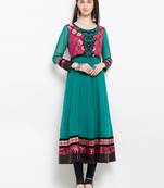 Green embroidered georgette a line kurta churidar set