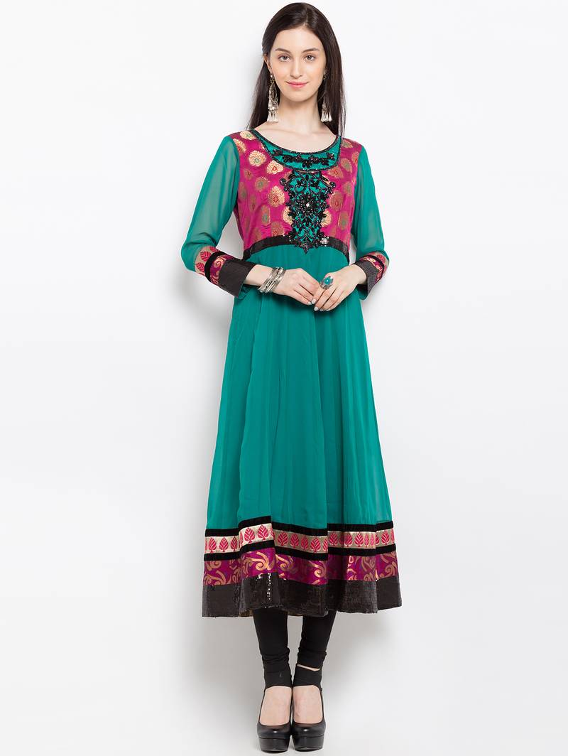 Green embroidered georgette a line kurta churidar set