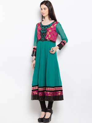 Green embroidered georgette a line kurta churidar set 2