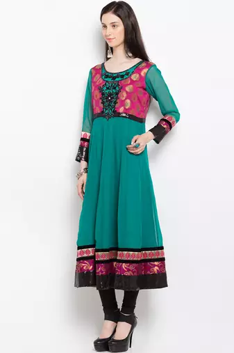 Green embroidered georgette a line kurta churidar set