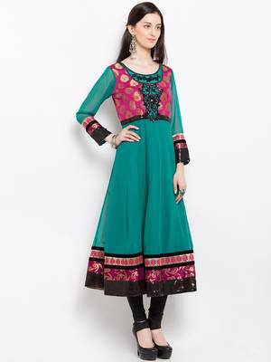 Green embroidered georgette a line kurta churidar set 3