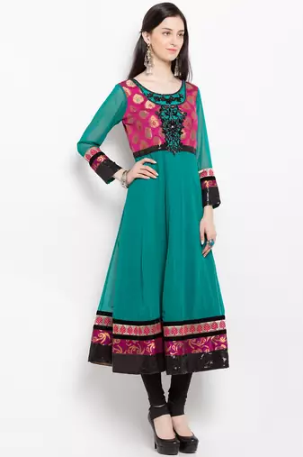 Green embroidered georgette a line kurta churidar set