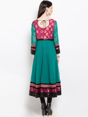 Green embroidered georgette a line kurta churidar set 4