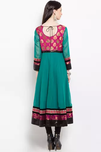 Green embroidered georgette a line kurta churidar set