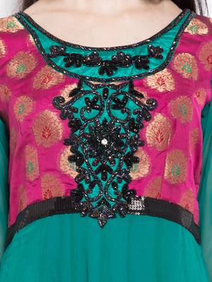 Green embroidered georgette a line kurta churidar set 5