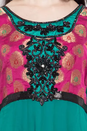 Green embroidered georgette a line kurta churidar set